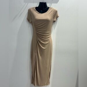 Chic Tan Ruched Midi Dress